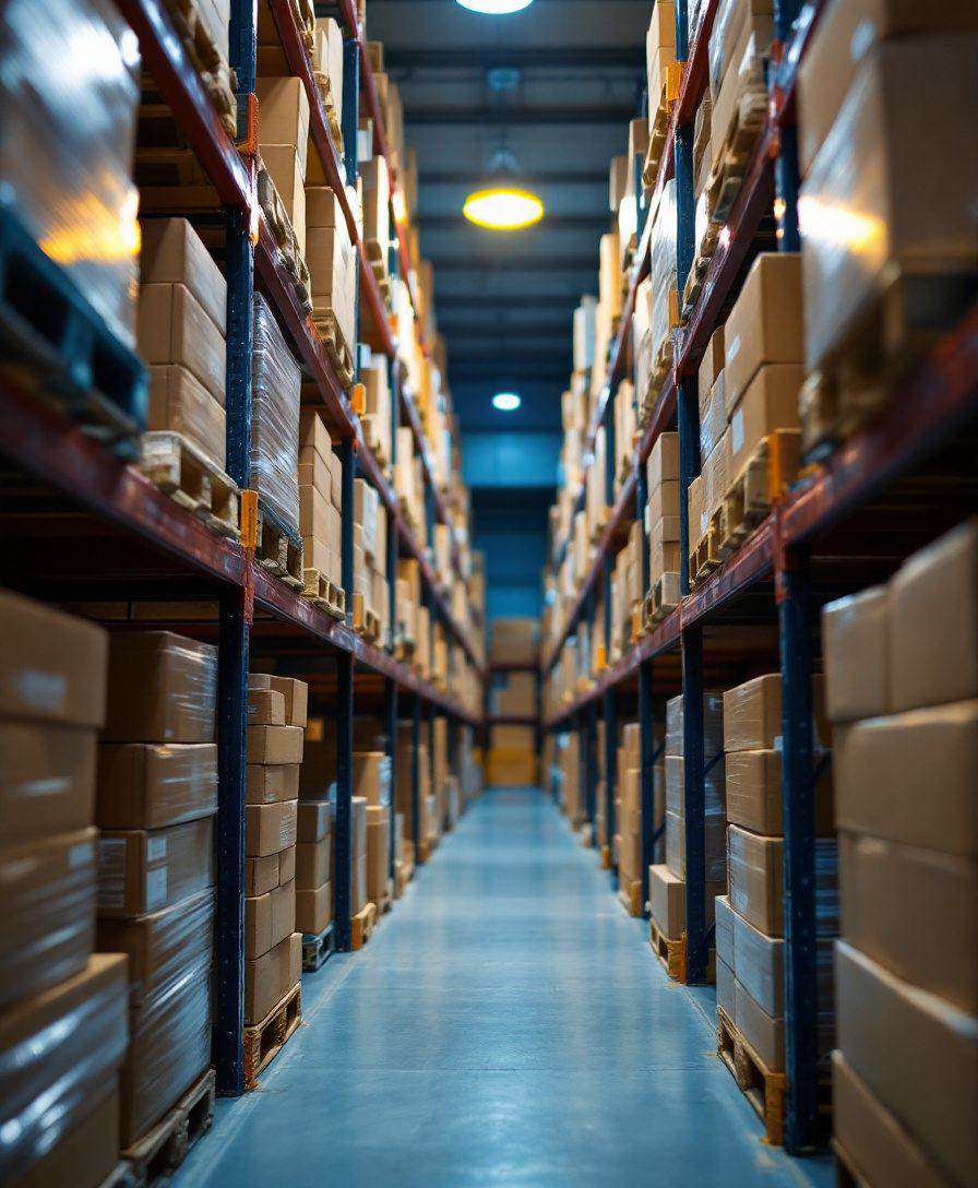 A warehouse aisle of cartons and wrapped pallets on steel racking